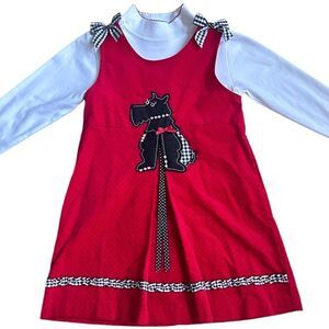 Rare Edition Girl 5 Red Corduroy Jumper Dress Gingham Bow Scotty Dog Appliqué